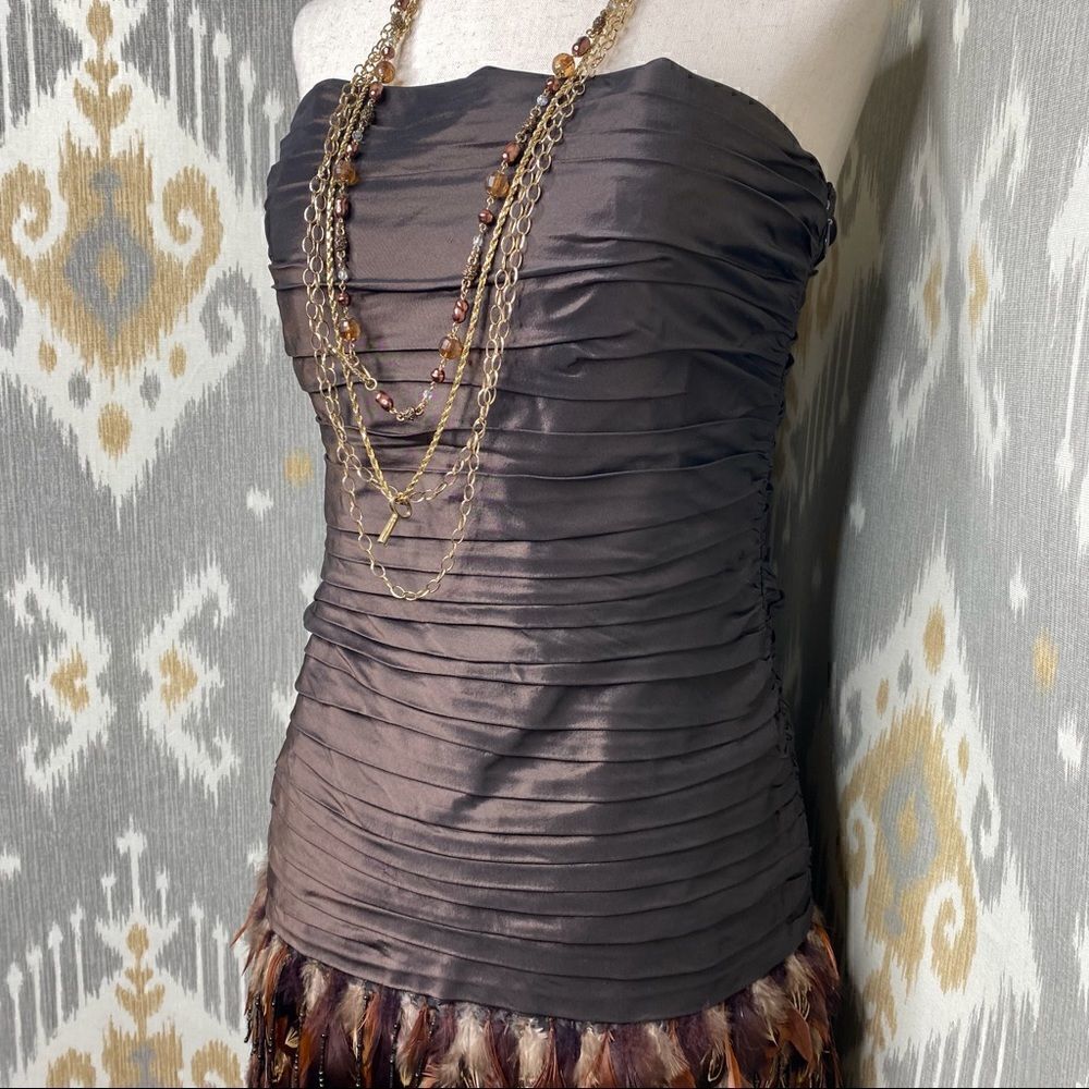 Ralph Lauren Vintage Brown Ruched Silk Taffeta Pheasant Feather Cocktail Dress - Picture 13 of 16